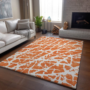 HomeRoots 9' X 12' Modern Orange and Ivory Abstract Area Rug – Washable, UV Protected, Stain Resistant Design 646565
