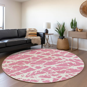 HomeRoots 8' Pink And Ivory Abstract Washable Round Rug - Durable, Stain-Resistant, UV-Protected and Stylish! 646575