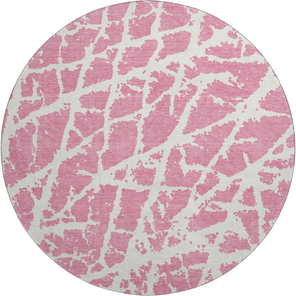 HomeRoots 8' Pink And Ivory Abstract Washable Round Rug - Durable, Stain-Resistant, UV-Protected and Stylish! 646575