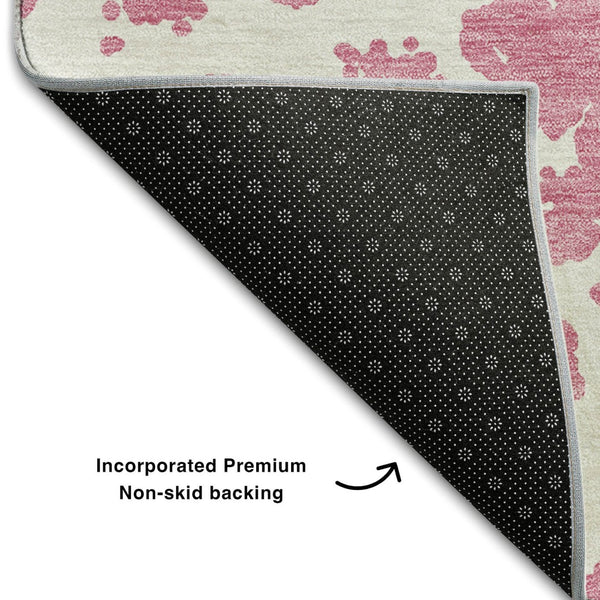 HomeRoots 8' Pink And Ivory Abstract Washable Round Rug - Durable, Stain-Resistant, UV-Protected and Stylish! 646575