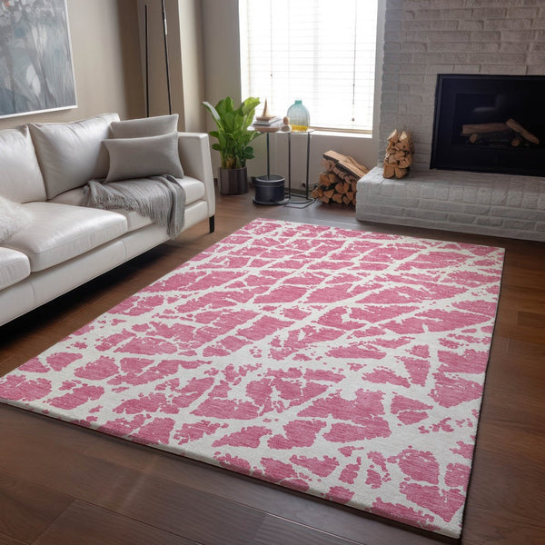 HomeRoots 10' Pink and Ivory Abstract Area Rug – Washable, UV-Protected, Stain-Resistant for Modern Spaces 646578