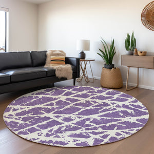HomeRoots 8' Purple and Ivory Abstract Washable Round Rug – Durable, Stain-Resistant, UV Protected Design! 646581