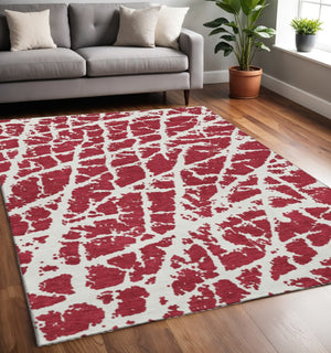 HomeRoots 5' X 8' Red And Ivory Abstract Washable Area Rug - Durable, Stain-Resistant, UV-Protected Design! 646586