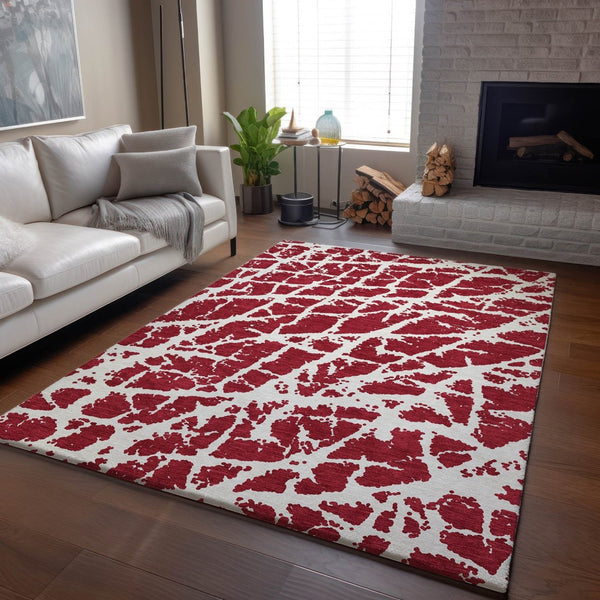 HomeRoots 5' X 8' Red And Ivory Abstract Washable Area Rug - Durable, Stain-Resistant, UV-Protected Design! 646586