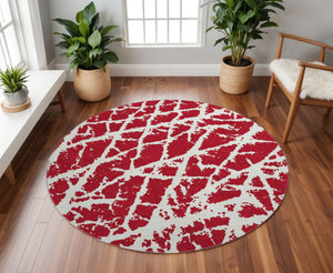 HomeRoots 8' Bold Red And Ivory Abstract Washable Round Rug With UV Protection For Modern Family Spaces 646587