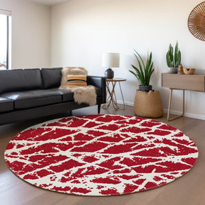 HomeRoots 8' Bold Red And Ivory Abstract Washable Round Rug With UV Protection For Modern Family Spaces 646587