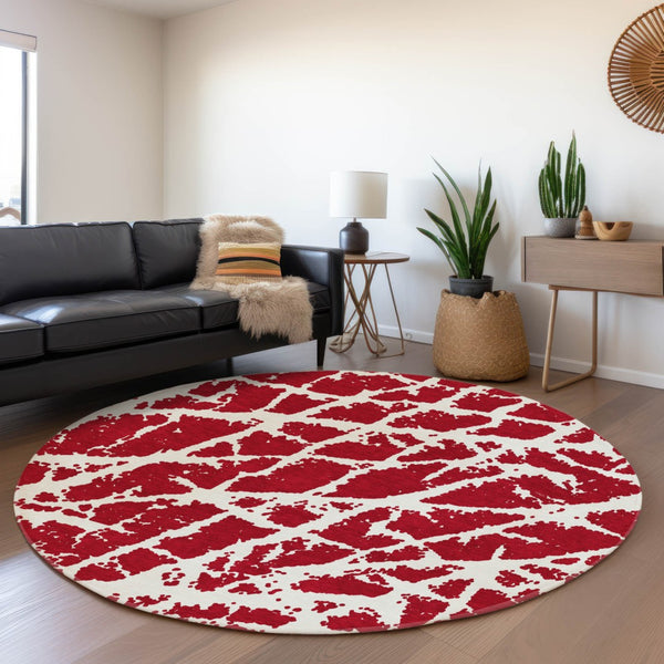 HomeRoots 8' Bold Red And Ivory Abstract Washable Round Rug With UV Protection For Modern Family Spaces 646587