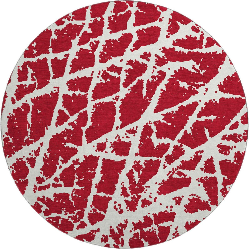 HomeRoots 8' Bold Red And Ivory Abstract Washable Round Rug With UV Protection For Modern Family Spaces 646587