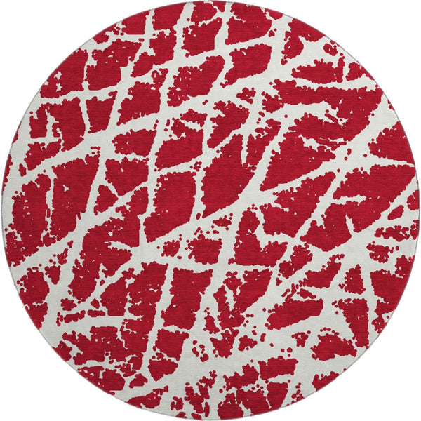 HomeRoots 8' Bold Red And Ivory Abstract Washable Round Rug With UV Protection For Modern Family Spaces 646587