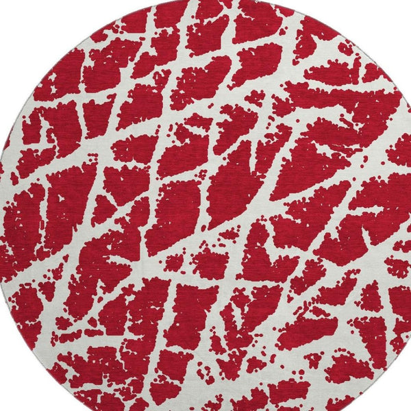 HomeRoots 8' Bold Red And Ivory Abstract Washable Round Rug With UV Protection For Modern Family Spaces 646587