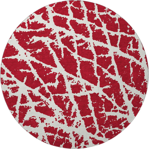 HomeRoots 8' Bold Red And Ivory Abstract Washable Round Rug With UV Protection For Modern Family Spaces 646587