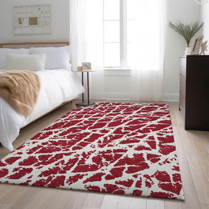 HomeRoots 8' x 10' Red and Ivory Abstract Washable Area Rug - UV Protected, Stain Resistant, Modern Style! 646588