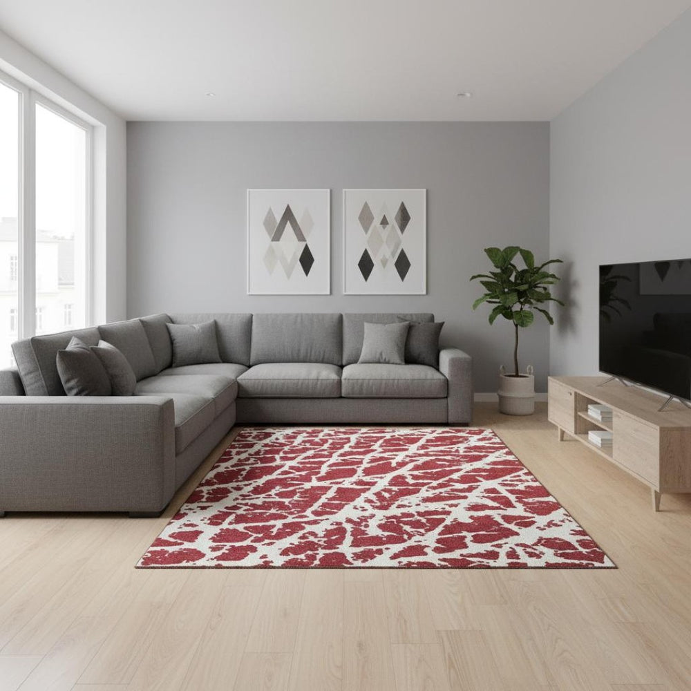 HomeRoots 10' X 14' Red And Ivory Abstract Area Rug - UV Protected, Washable, Durable & Kid-Friendly Decor Solution 646590