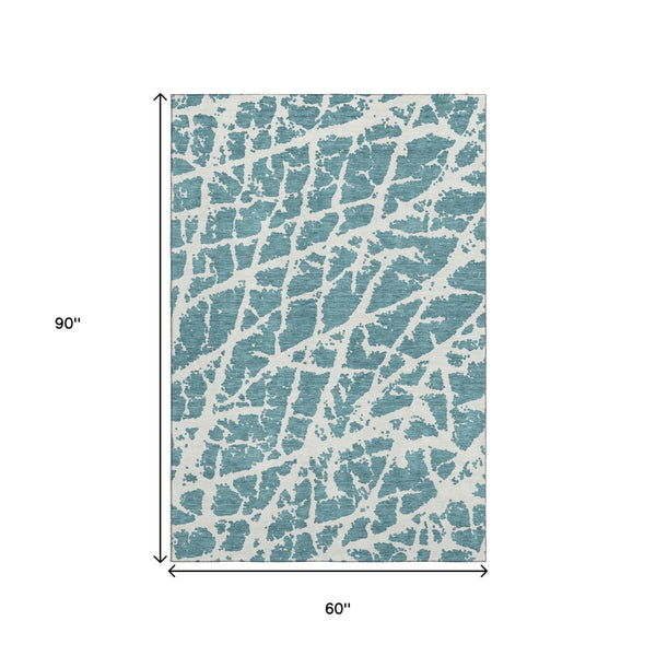 HomeRoots 5' X 8' Teal and Ivory Abstract Area Rug – Durable, Washable, UV-Protective for Modern Spaces 646592