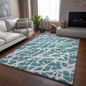 HomeRoots 5' X 8' Teal and Ivory Abstract Area Rug – Durable, Washable, UV-Protective for Modern Spaces 646592