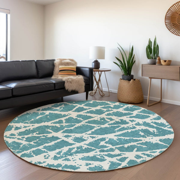 HomeRoots 8' Teal and Ivory Abstract Washable Round Rug - Durable, Stain-Resistant, UV-Protected Comfort for Your Home 646593