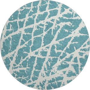 HomeRoots 8' Teal and Ivory Abstract Washable Round Rug - Durable, Stain-Resistant, UV-Protected Comfort for Your Home 646593