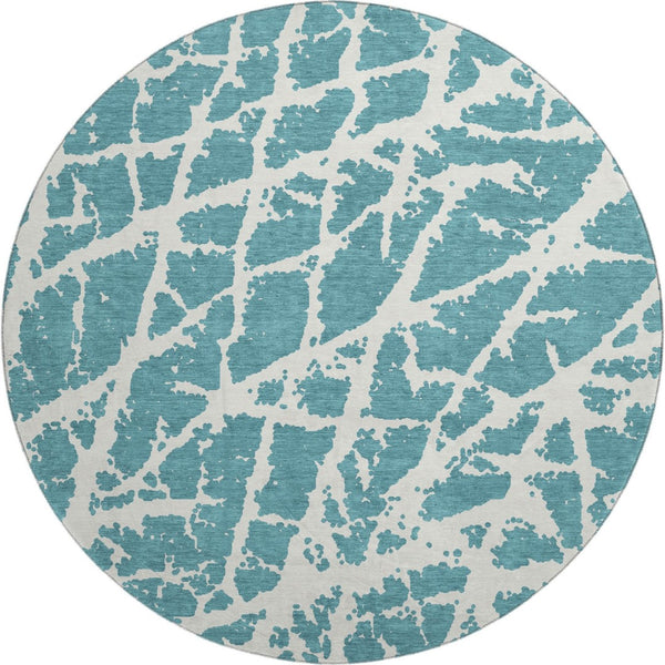 HomeRoots 8' Teal and Ivory Abstract Washable Round Rug - Durable, Stain-Resistant, UV-Protected Comfort for Your Home 646593