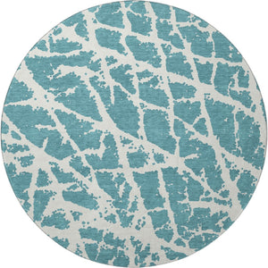 HomeRoots 8' Teal and Ivory Abstract Washable Round Rug - Durable, Stain-Resistant, UV-Protected Comfort for Your Home 646593