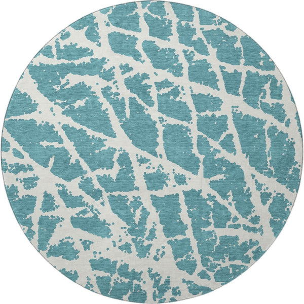 HomeRoots 8' Teal and Ivory Abstract Washable Round Rug - Durable, Stain-Resistant, UV-Protected Comfort for Your Home 646593