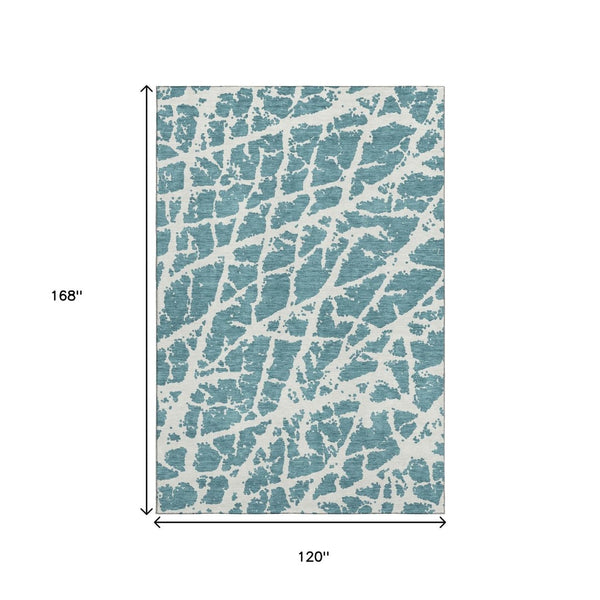 HomeRoots 10' Teal and Ivory Abstract Area Rug – Durable, Washable, UV Protected for Modern Homes with Pets! 646596