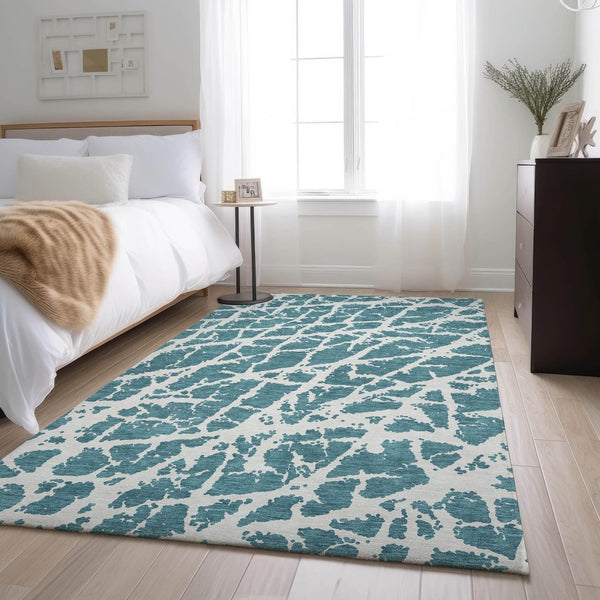 HomeRoots 10' Teal and Ivory Abstract Area Rug – Durable, Washable, UV Protected for Modern Homes with Pets! 646596