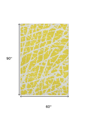 HomeRoots 5' X 8' Washable Yellow & Ivory Abstract Area Rug with UV Protection – Durable, Stylish, Pet-Friendly! 646598