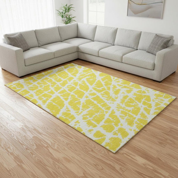 HomeRoots 8' X 10' Vibrant Yellow & Ivory Abstract Washable Area Rug with UV Protection for Modern Spaces 646600