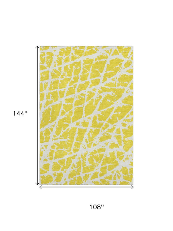 HomeRoots 9' X 12' Yellow and Ivory Abstract Washable Area Rug – Durable, Stain Resistant with UV Protection! 646601