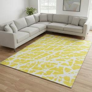 HomeRoots 9' X 12' Yellow and Ivory Abstract Washable Area Rug – Durable, Stain Resistant with UV Protection! 646601