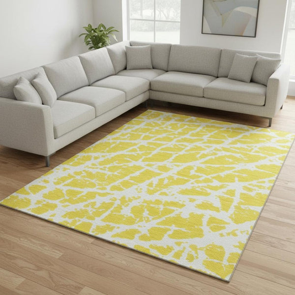 HomeRoots 9' X 12' Yellow and Ivory Abstract Washable Area Rug – Durable, Stain Resistant with UV Protection! 646601