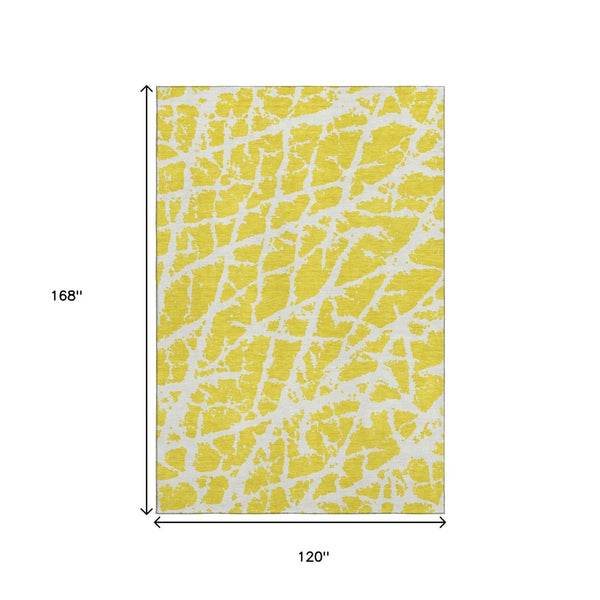 HomeRoots 10' X 14' Yellow and Ivory Abstract Area Rug - Washable, UV-Protected, Stain-Resistant Design 646602
