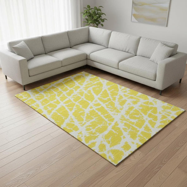HomeRoots 10' X 14' Yellow and Ivory Abstract Area Rug - Washable, UV-Protected, Stain-Resistant Design 646602