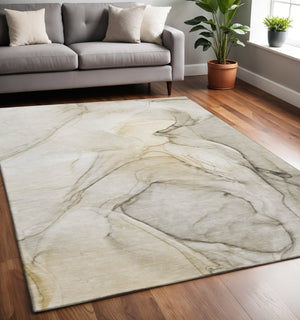 HomeRoots 5' X 8' Beige & Ivory Abstract Area Rug - Washable, Stain Resistant, UV Protected for Modern Homes 646604