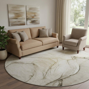 HomeRoots 8' Beige and Ivory Abstract Round Washable Rug with UV Protection for Modern Homes and Families 646605