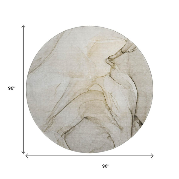 HomeRoots 8' Beige and Ivory Abstract Round Washable Rug with UV Protection for Modern Homes and Families 646605