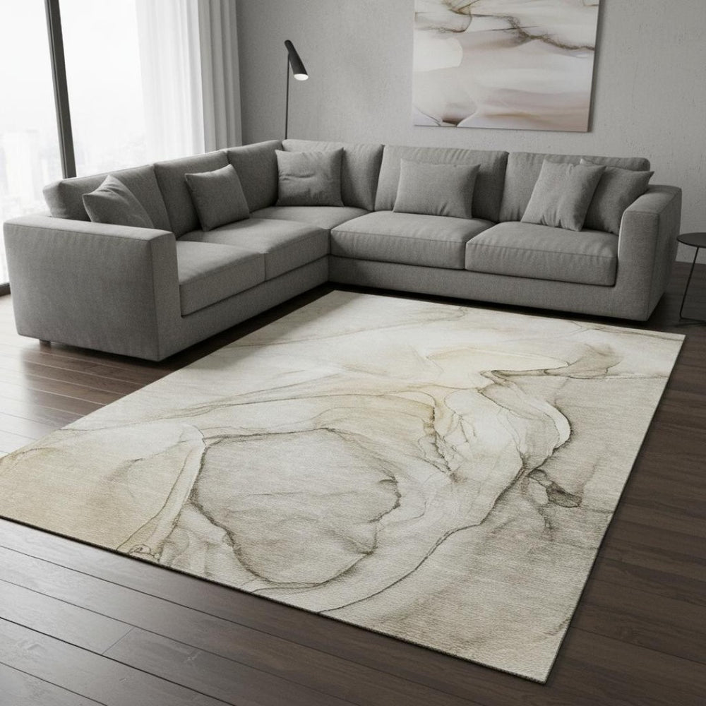 HomeRoots 9' X 12' Beige and Ivory Abstract Washable Area Rug with UV Protection for Stylish, Busy Homes 646607