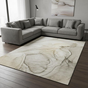 HomeRoots 9' X 12' Beige and Ivory Abstract Washable Area Rug with UV Protection for Stylish, Busy Homes 646607