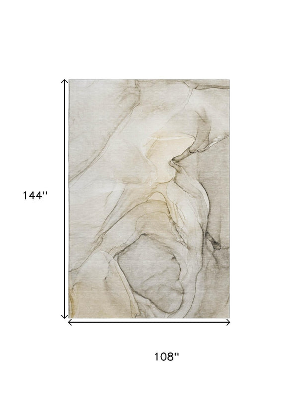 HomeRoots 9' X 12' Beige and Ivory Abstract Washable Area Rug with UV Protection for Stylish, Busy Homes 646607