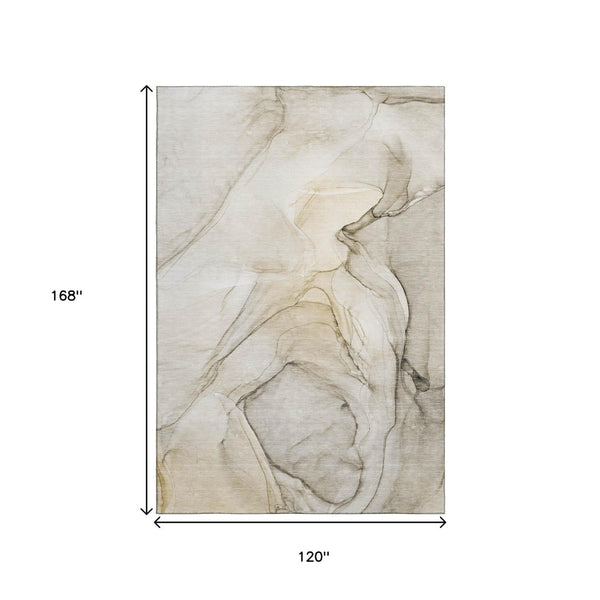 HomeRoots 10' X 14' Beige And Ivory Abstract Washable Area Rug - Durable, Stain Resistant, UV Protected Design 646608