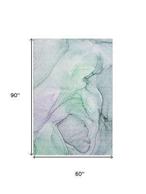 HomeRoots 5' X 8' Blue & Green Abstract Washable Area Rug - Stylish, Durable, UV-Protected for High-Traffic Rooms 646610
