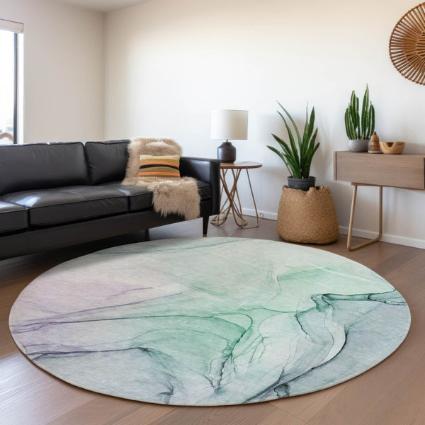 HomeRoots 8' Blue and Green Abstract Washable Round Rug - UV-Protected, Stain-Resistant, Ideal for High-Traffic Areas 646611
