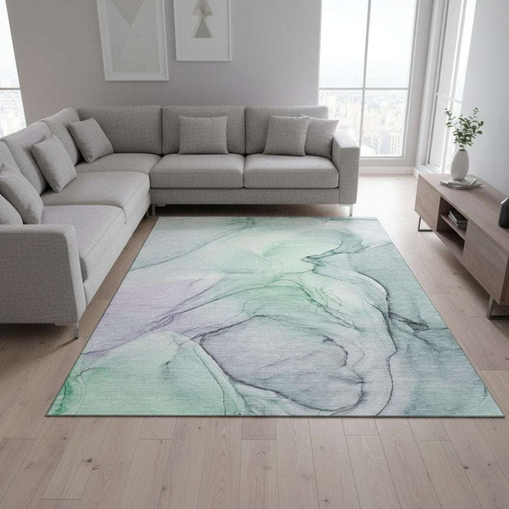 HomeRoots 8' X 10' Blue and Green Abstract Area Rug - Washable, UV-Protected, Stain-Resistant for Modern Spaces 646612