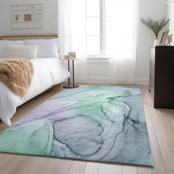 HomeRoots 8' X 10' Blue and Green Abstract Area Rug - Washable, UV-Protected, Stain-Resistant for Modern Spaces 646612