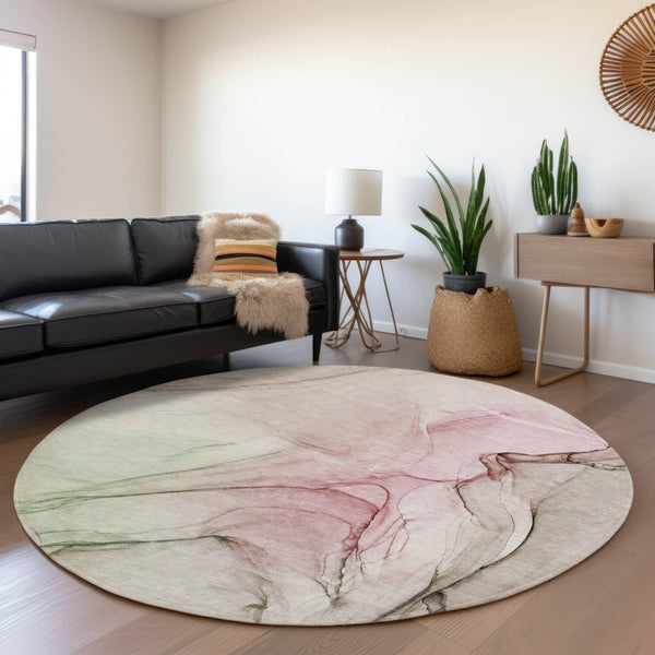 HomeRoots 8' Blush and Ivory Abstract Round Rug - Stylish, Washable, UV Protected, and Perfect for Any Space! 646617