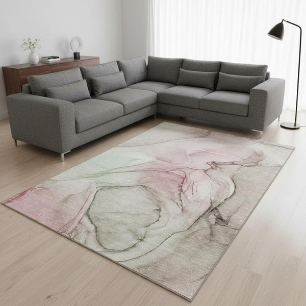 HomeRoots 10' Blush and Ivory Abstract Area Rug - Washable, UV Protected, Durable for High-Traffic Spaces 646620