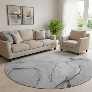 HomeRoots 8' Gray and Charcoal Abstract Round Rug - Washable, Durable, UV Protection for High-Traffic Areas 646623