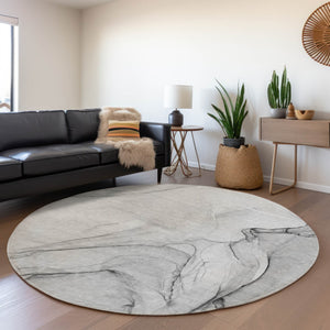 HomeRoots 8' Gray and Charcoal Abstract Round Rug - Washable, Durable, UV Protection for High-Traffic Areas 646623