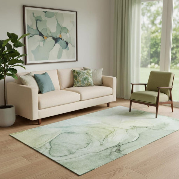 HomeRoots 5' X 8' Green And Ivory Abstract Area Rug - Washable, Stain-Resistant, UV Protected for Modern Homes 646628