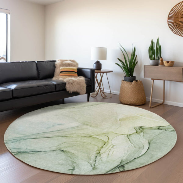 HomeRoots 8' Green and Ivory Abstract Washable Round Rug - Durable, UV-Protected, Stylish for Indoor & Outdoor Use 646629